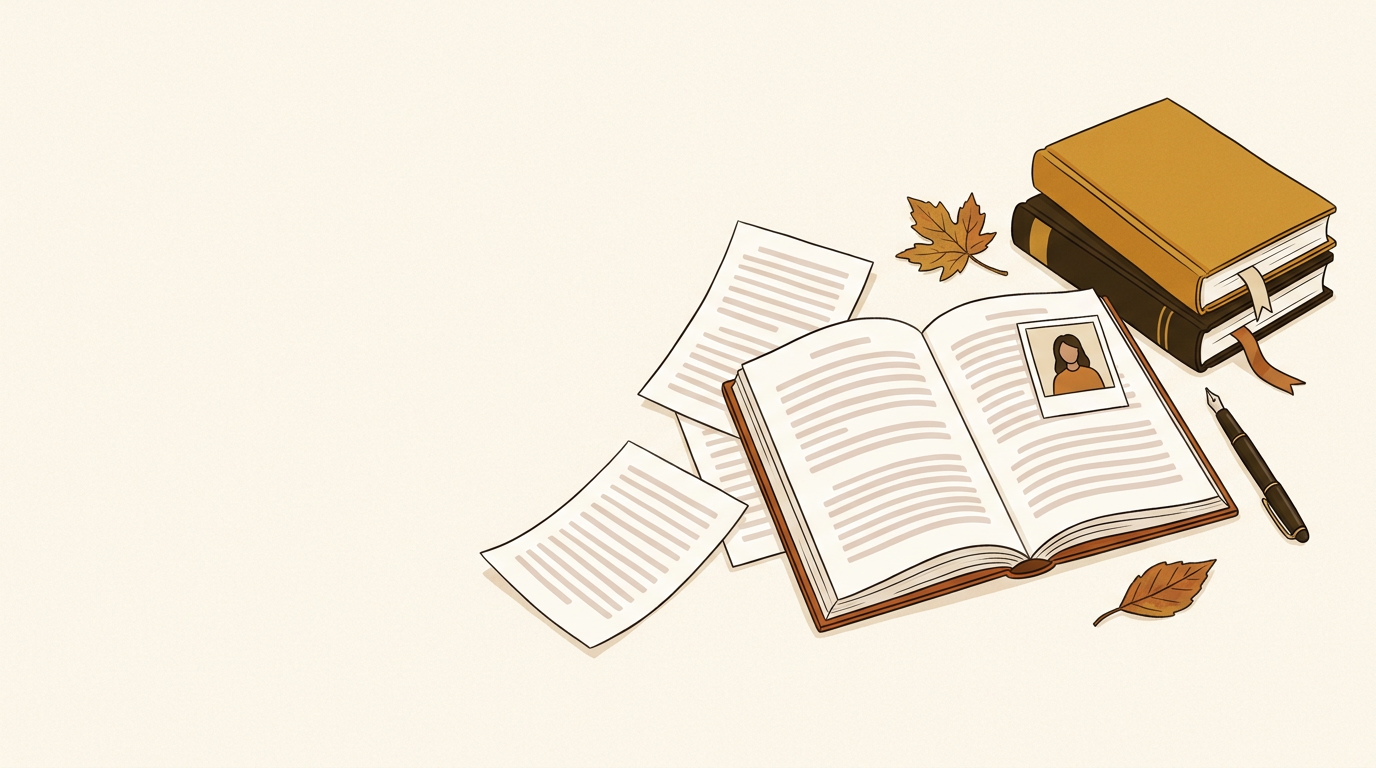 An illustration of a printed biography on a desk